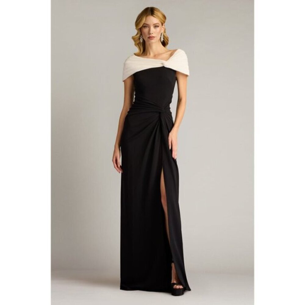 TADASHI SHOJI Perkins Asymmetric Draped Gown in Black/ Ivory Size Small